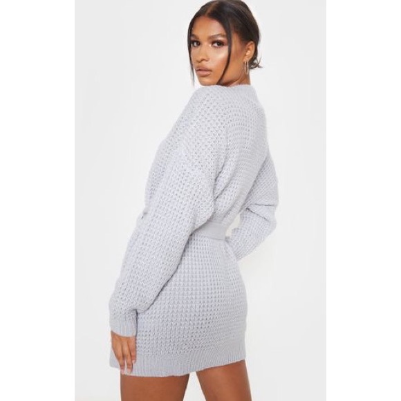 Light Grey Soft Touch Belted Knitted Jumper Dress - Picture 2 of 4